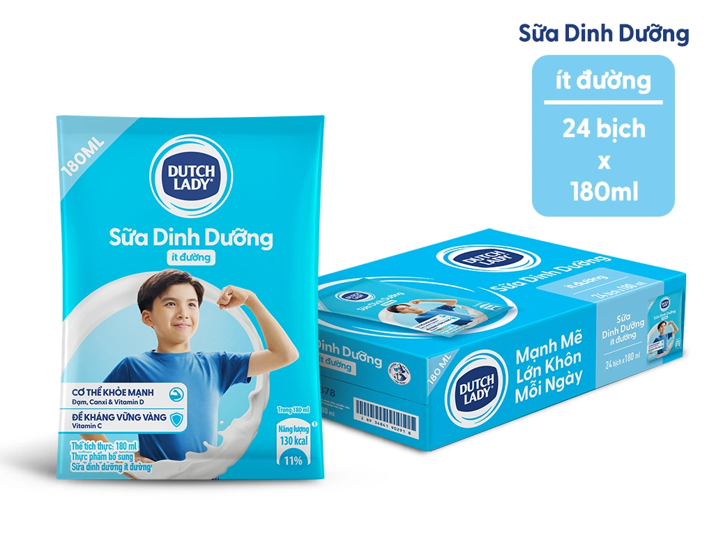 Thùng 24 bịch sữa dinh dưỡng ít đường Dutch Lady 180ml